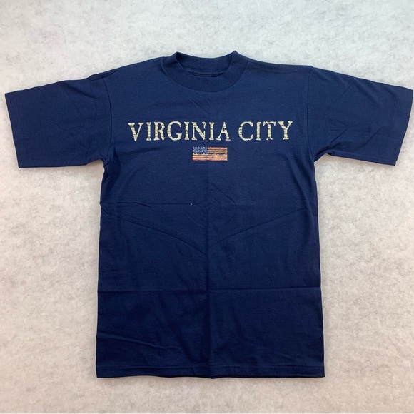 Vintage Virginia City (Nevada) T Shirt Solid Navy Blue With Logo, US Flag, Small - Picture 1 of 11